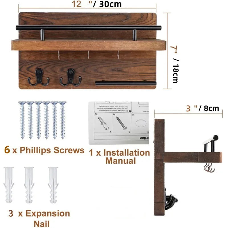 Pine Wood Key Holder — Mail Organizer with Shelf