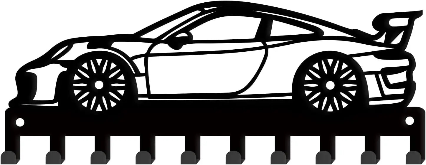Race Car Metal Key Rack — 10-Hook Farmhouse Wall Organizer