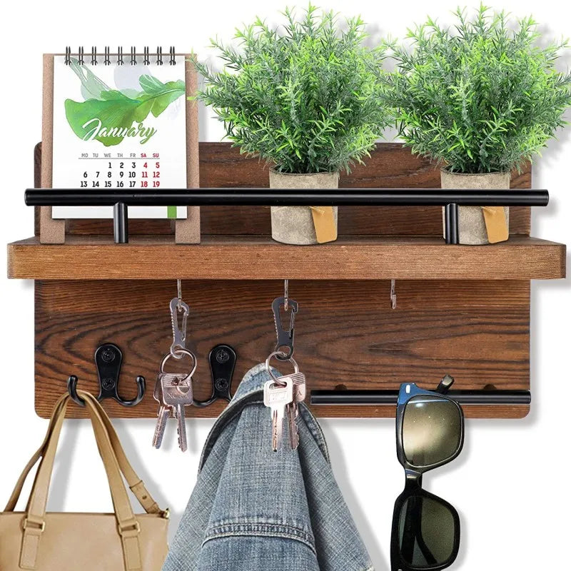 Pine Wood Key Holder — Mail Organizer with Shelf