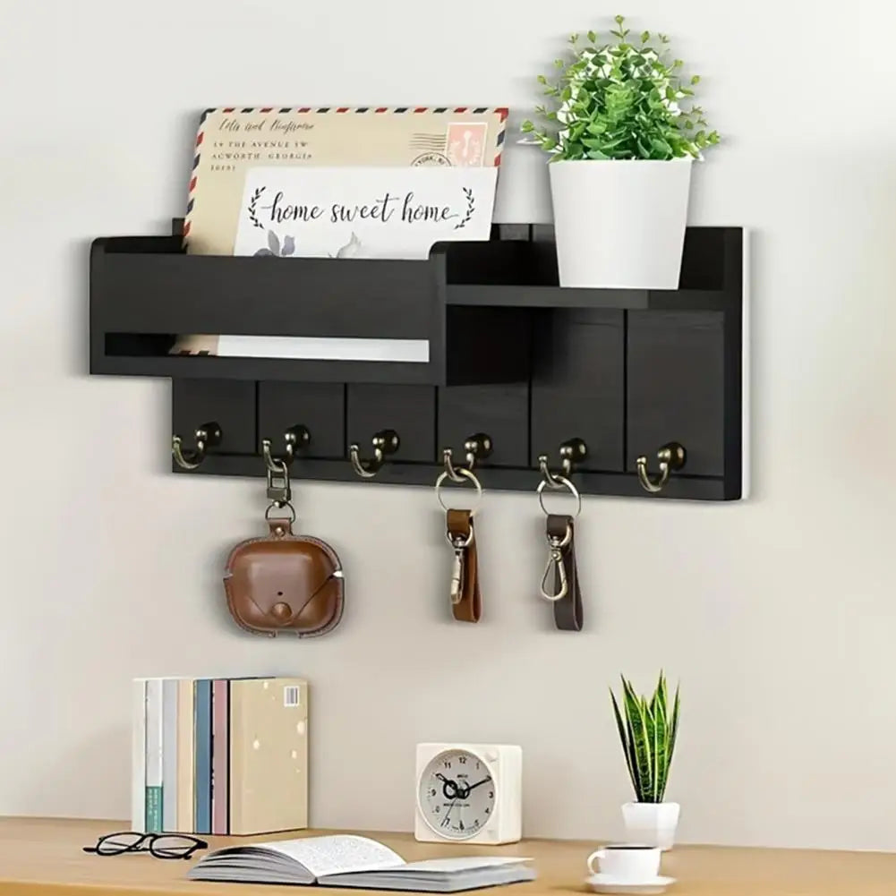 Rustic Wooden Key Holder — Wall Shelf with 6 Hooks
