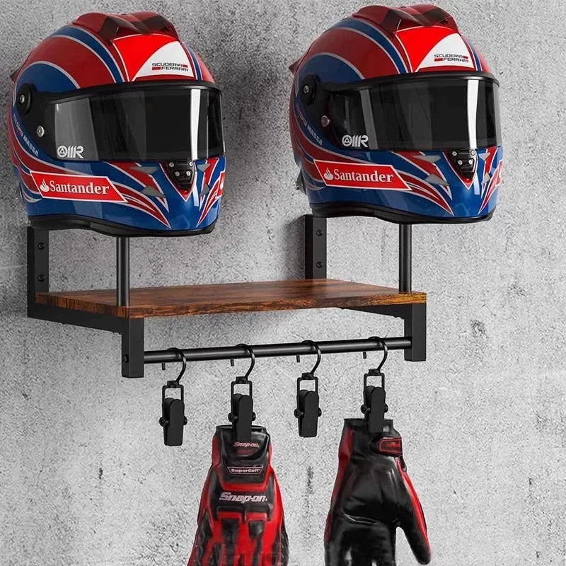 Motorcycle Helmet Wall Mount — Wooden Shelf with Hooks