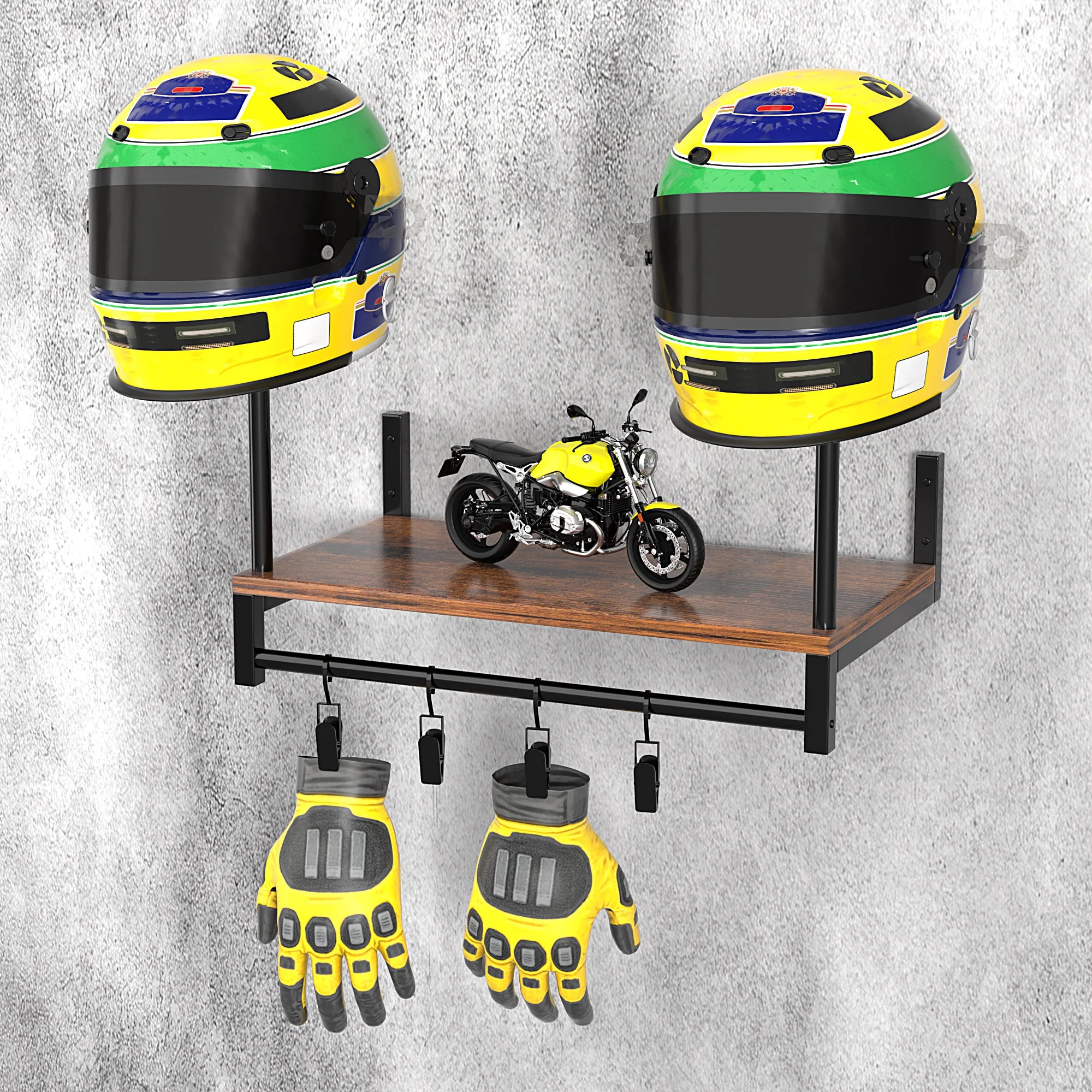Motorcycle Helmet Wall Mount — Wooden Shelf with Hooks