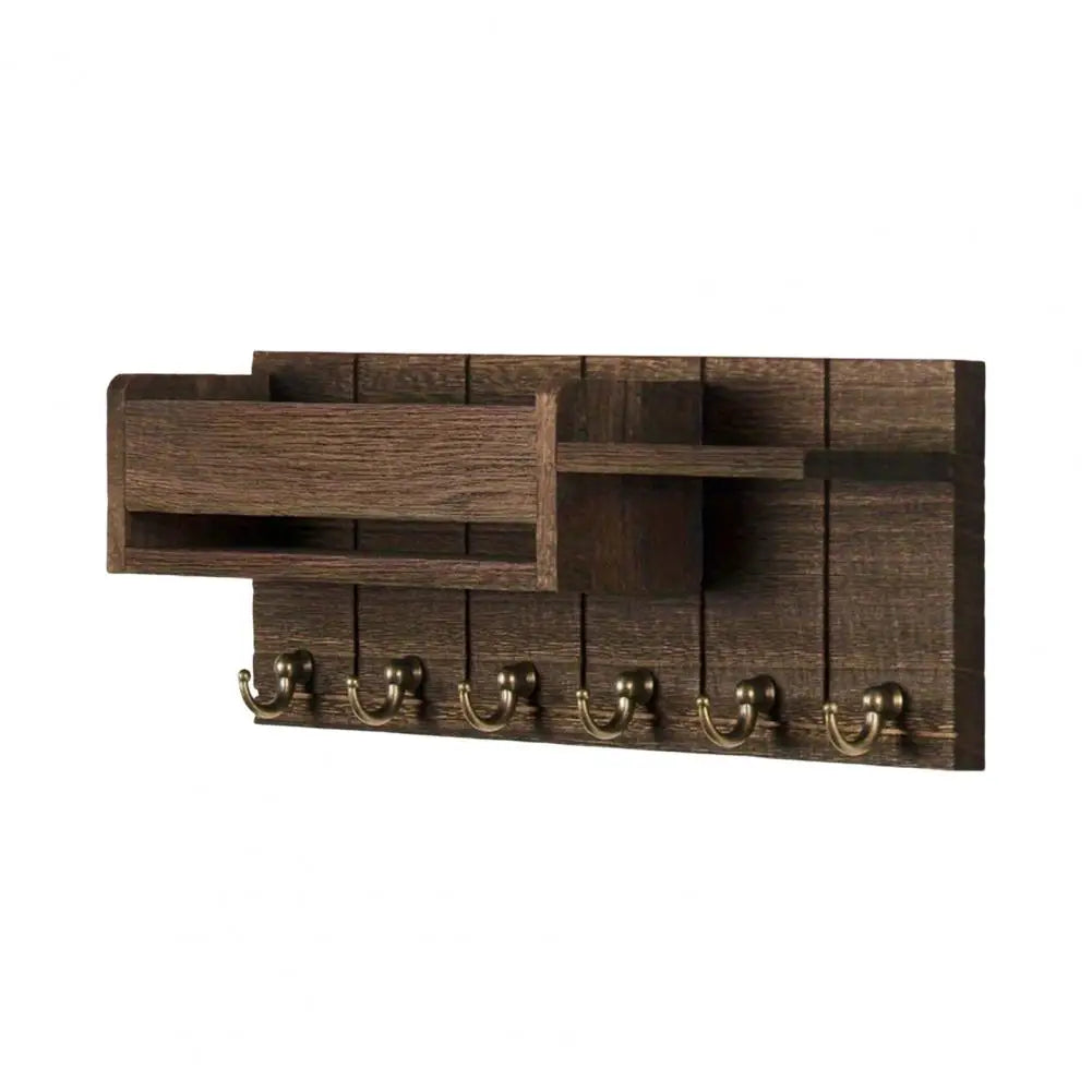 Rustic Wooden Key Holder — Wall Shelf with 6 Hooks