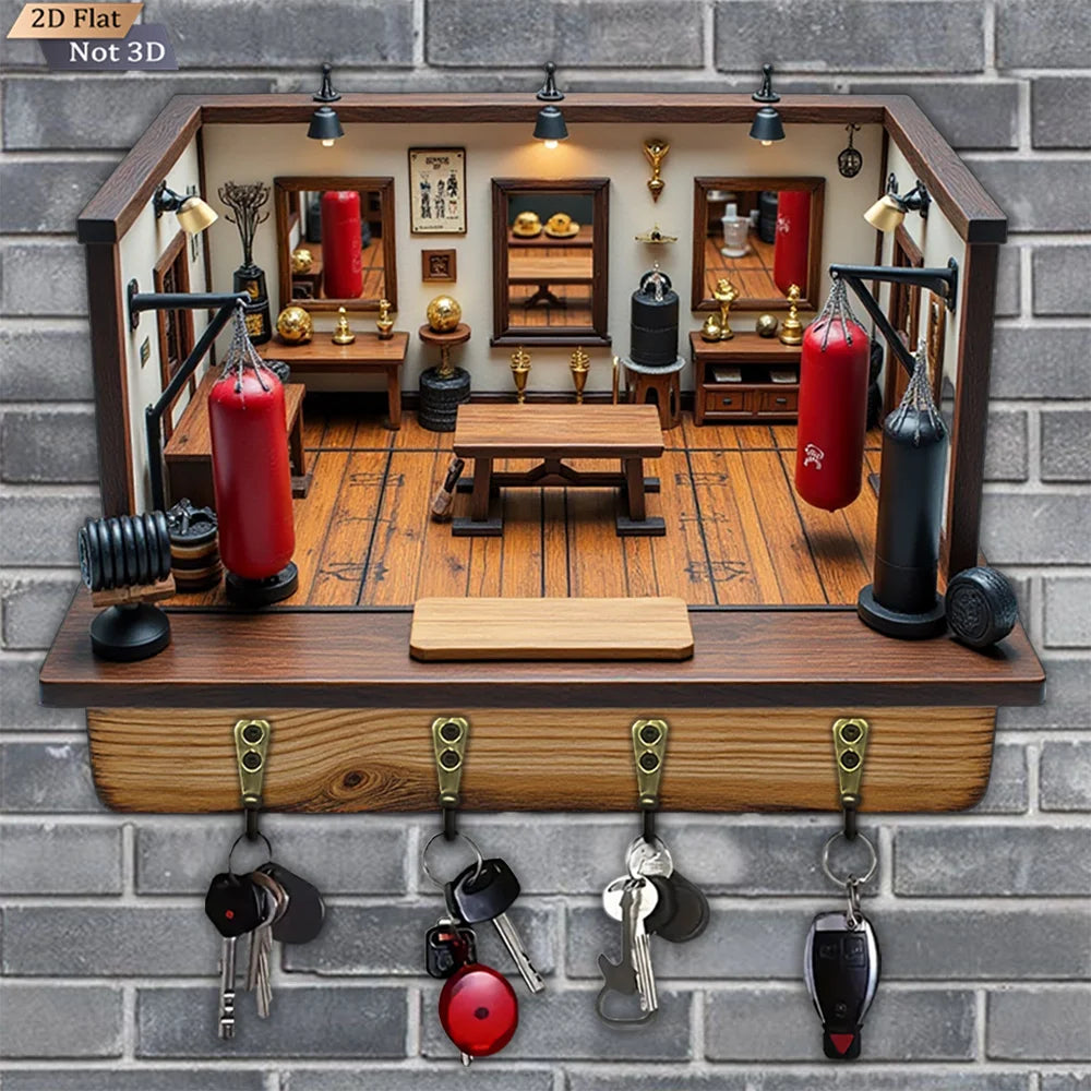 Boxing Figure Wooden Key Hook — Wall Hanger with 4 Metal Clips