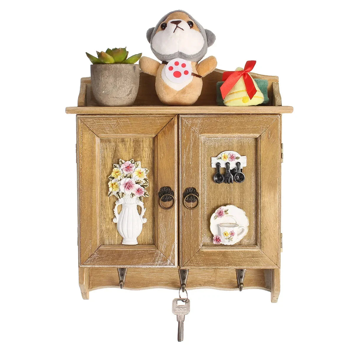 Retro Double-Door Key Cabinet — 9-Hook Wall Organizer