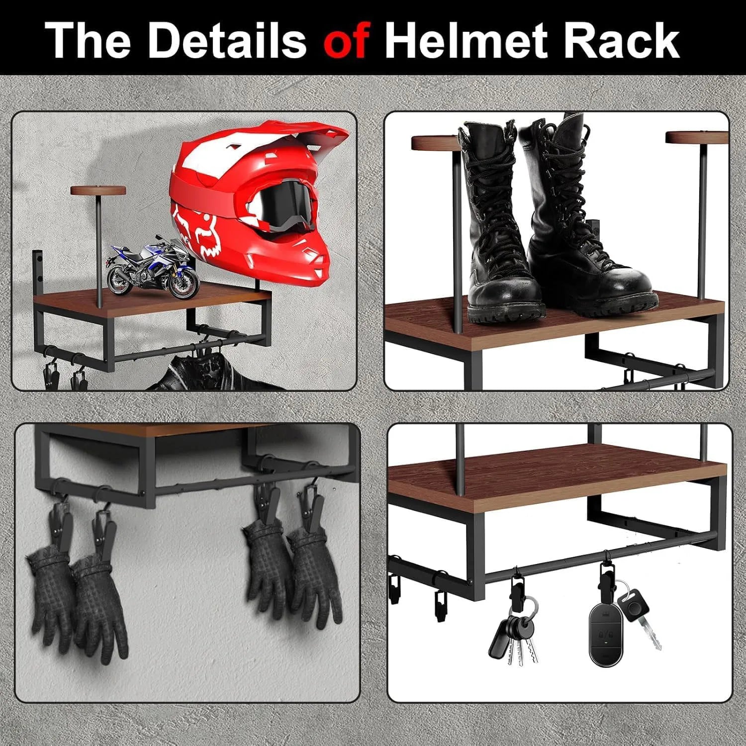 Motorcycle Helmet Wall Mount — Wooden Shelf with Hooks