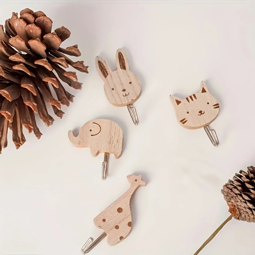Cartoon Animal Wall Hooks — Punch-Free Wooden Rack