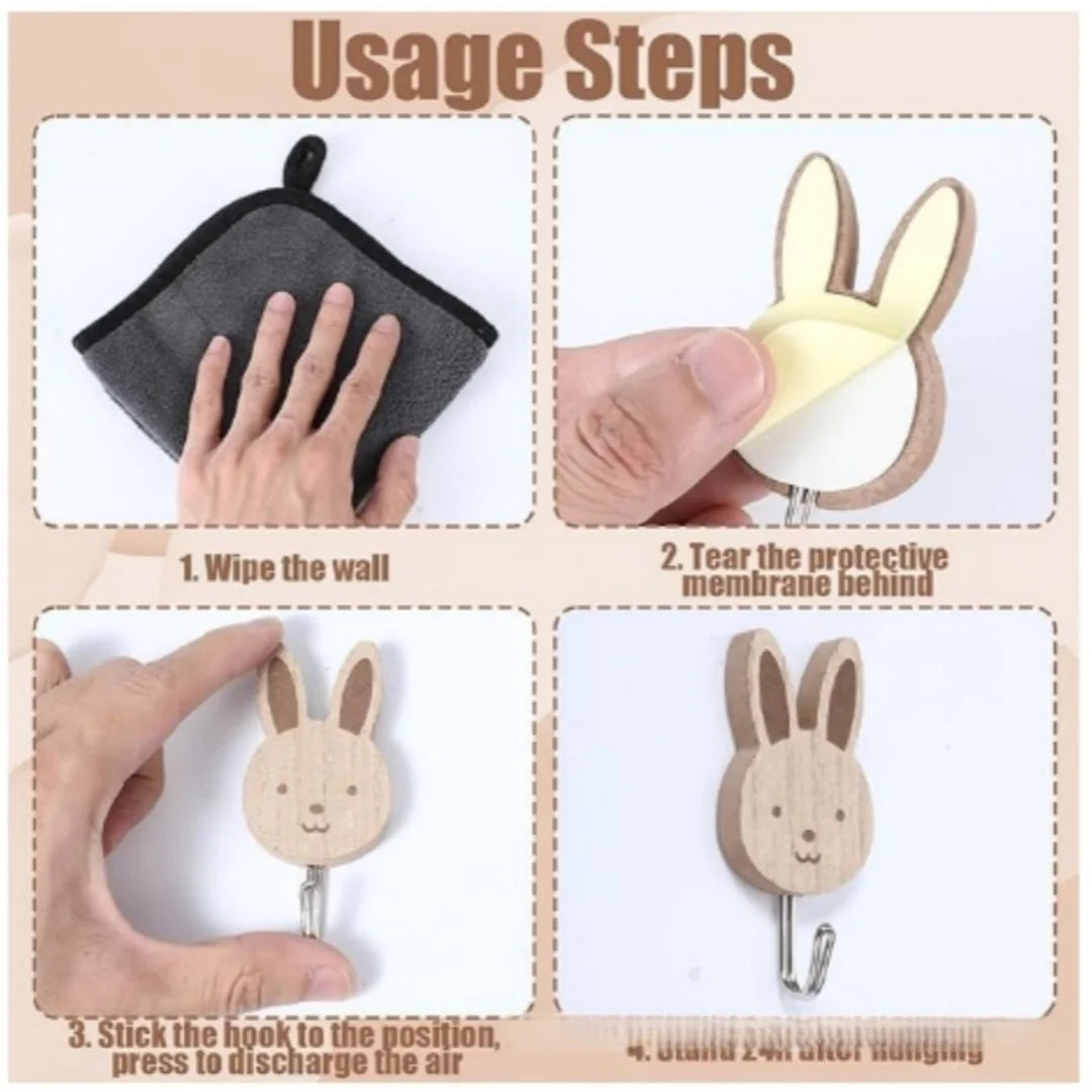Cartoon Animal Wall Hooks — Punch-Free Wooden Rack