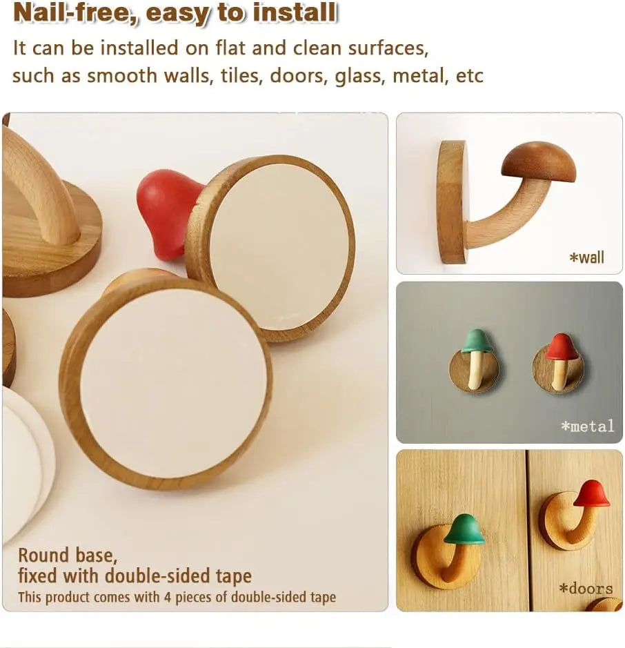 Mushroom Coat Hooks — Colorful Solid Wood Wall Set