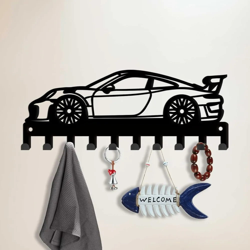 Race Car Metal Key Rack — 10-Hook Farmhouse Wall Organizer