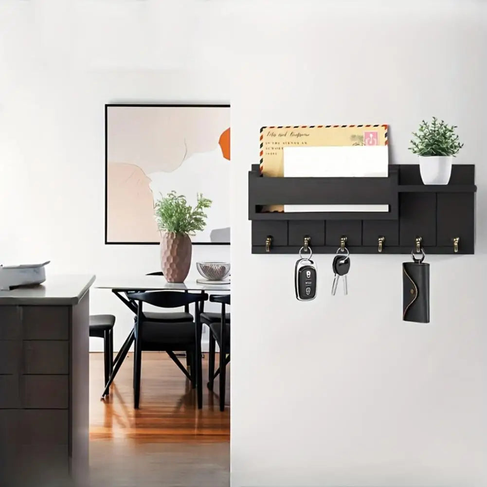 Rustic Wooden Key Holder — Wall Shelf with 6 Hooks