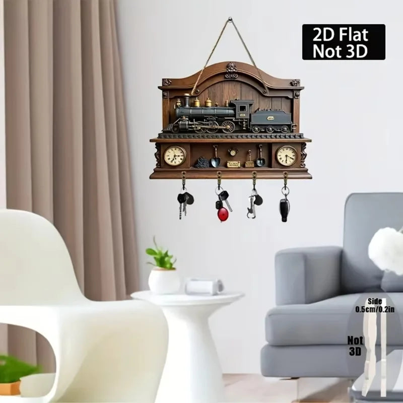 Retro Train Key Hook — 2D Wooden Wall Hanger