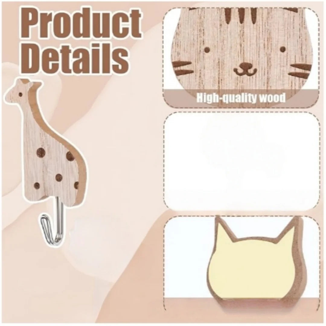 Cartoon Animal Wall Hooks — Punch-Free Wooden Rack