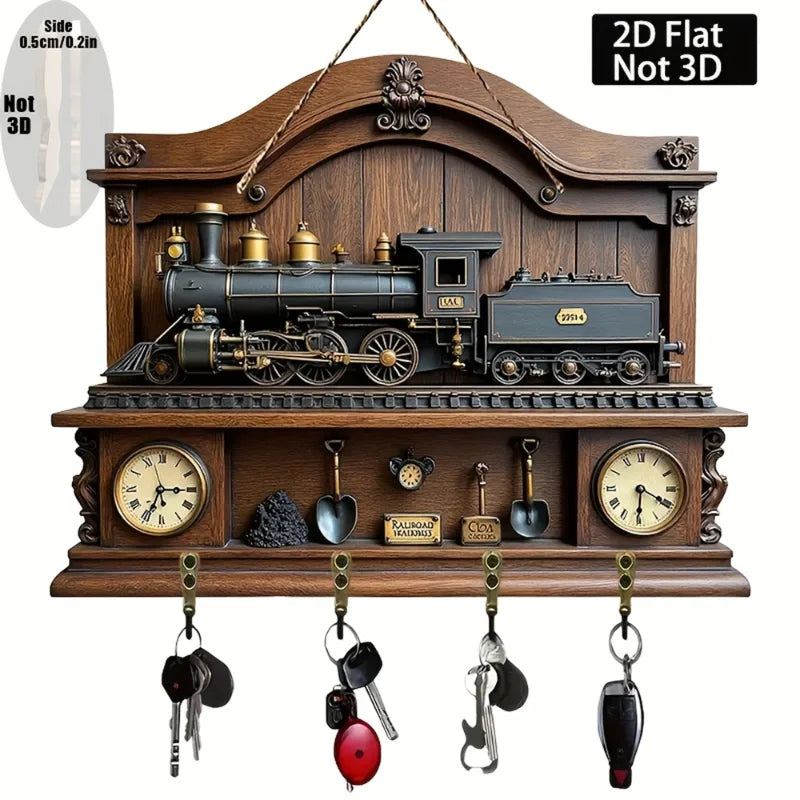 Retro Train Key Hook — 2D Wooden Wall Hanger