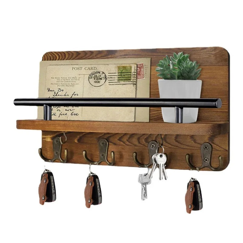 Pine Wood Key Holder — Mail Organizer with Shelf