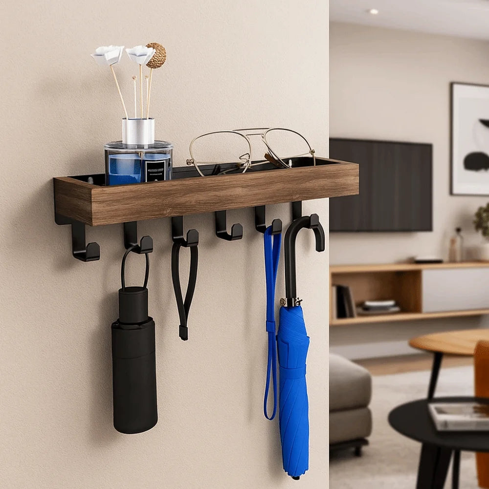 Wooden Key Rack — 6-Hook Organizer with Sunglasses Storage