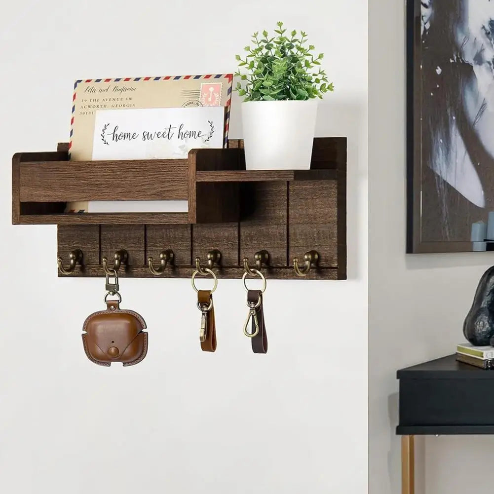 Rustic Wooden Key Holder — Wall Shelf with 6 Hooks