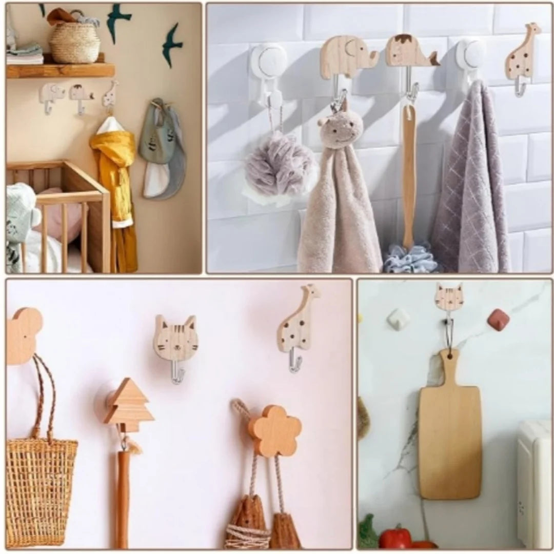Cartoon Animal Wall Hooks — Punch-Free Wooden Rack