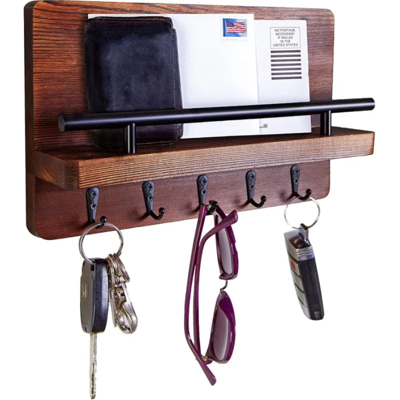 Pine Wood Key Holder — Mail Organizer with Shelf